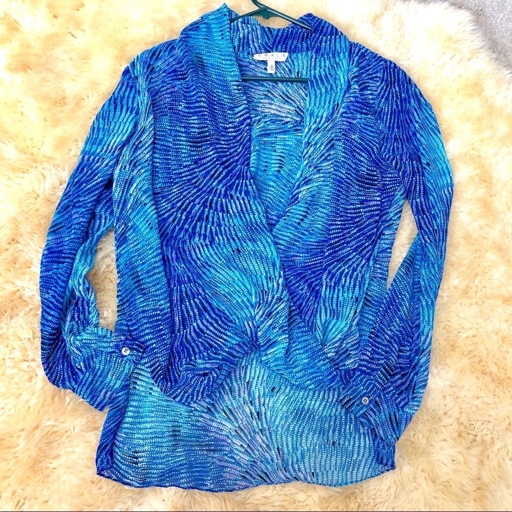 Flowy blue pattern long sleeve women's blouse